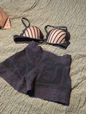The Body Shop Black Mesh Striped Push-Up Bra with Black Shapewear Shorts